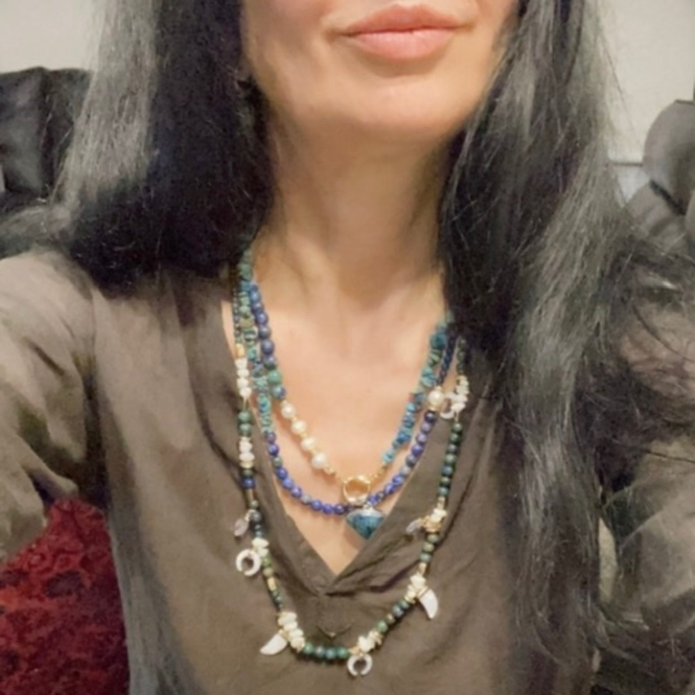 Multi-string blue, green and white beaded stone and pearl necklace
